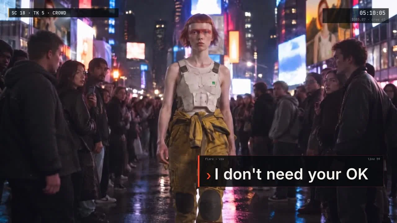 FLARE walking through a Times Square crowd, lyric reading I don't need your OK