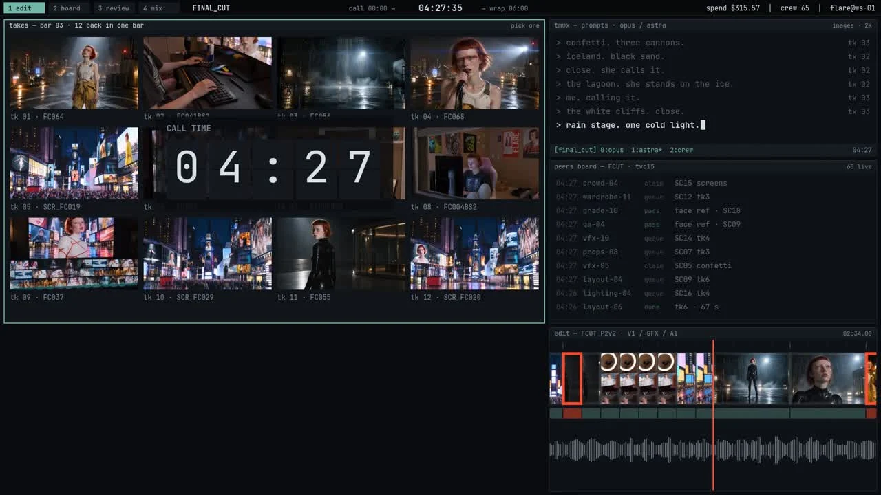 The desktop interface from FINAL CUT: tiled windows of takes, a prompt log, crew activity and an editing timeline