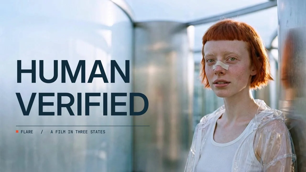 HUMAN VERIFIED title card beside FLARE in a silver interior