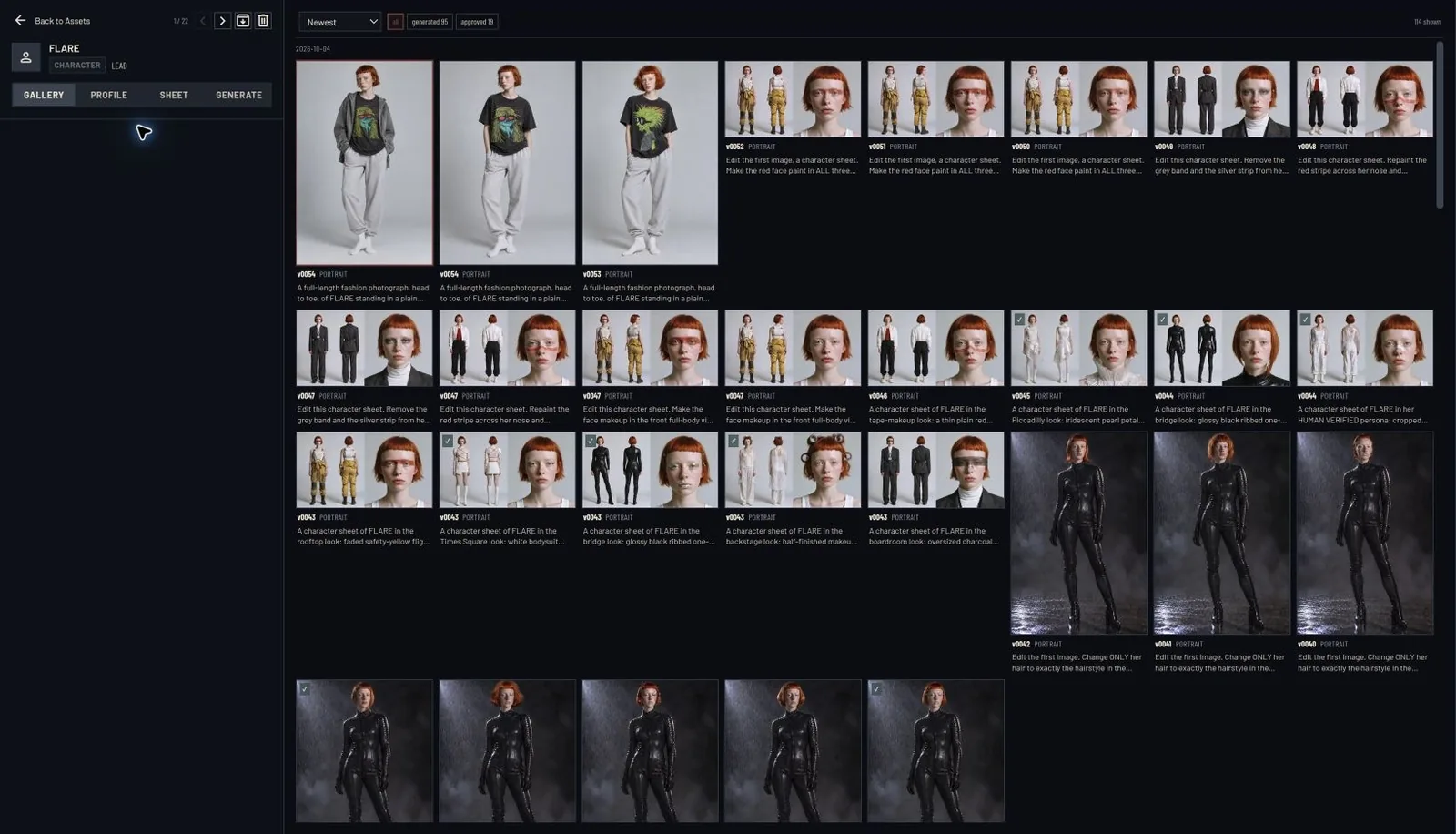 FLARE character asset in Intellistory showing wardrobe and portrait iterations with version and approval markers