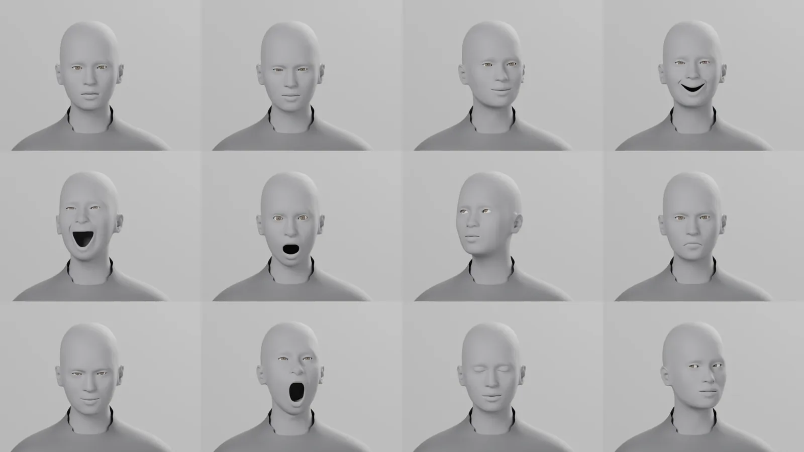 Twelve CG maquette expression studies with different eyelines and mouth shapes