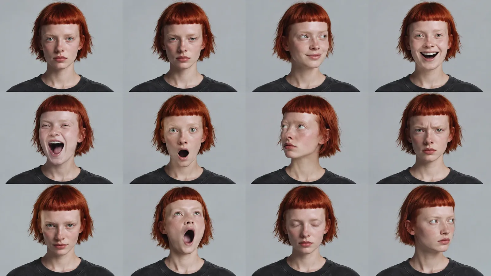 A generated FLARE expression sheet exploring the poses from the CG study