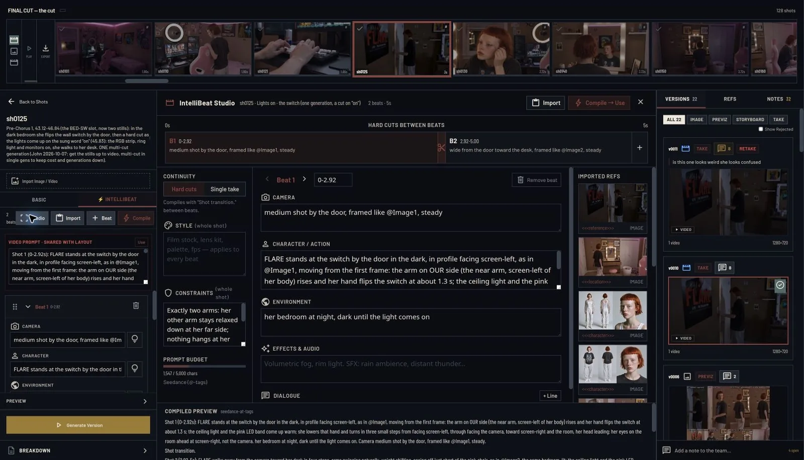 IntelliBeat Studio showing the two beats of the bedroom light-switch sequence with reference images, shot directions and version history