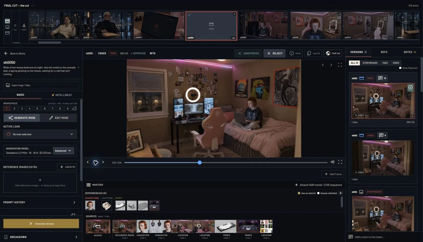 A bedroom shot in Intellistory with its version history, six linked asset dependencies and a strip of source references