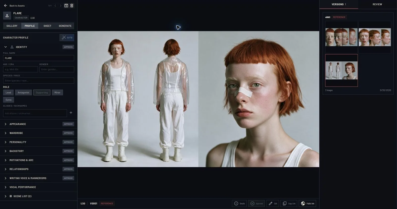 FLARE character reference in Intellistory with front, back and portrait views