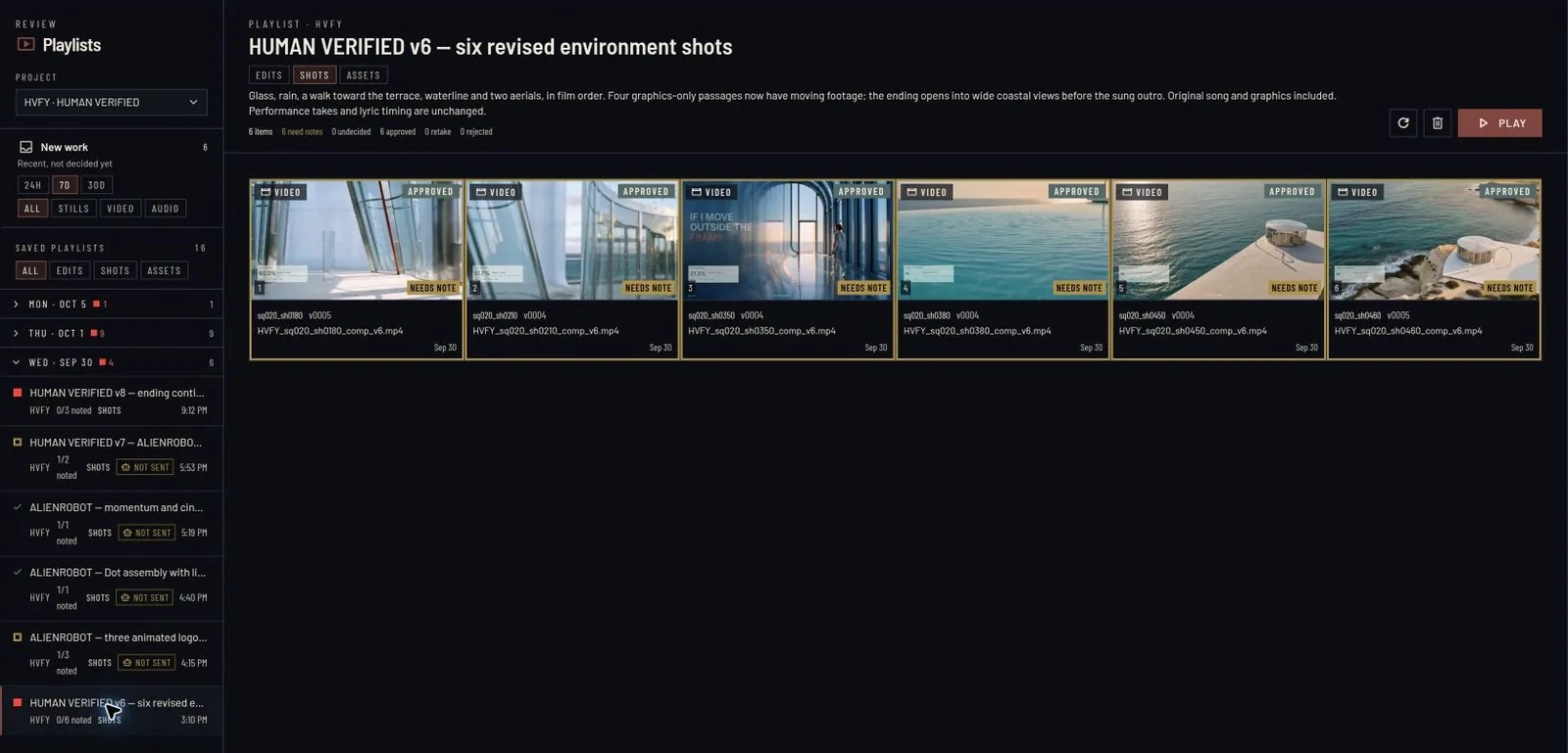 Review playlist of six revised environment shots in film order with approval and note status