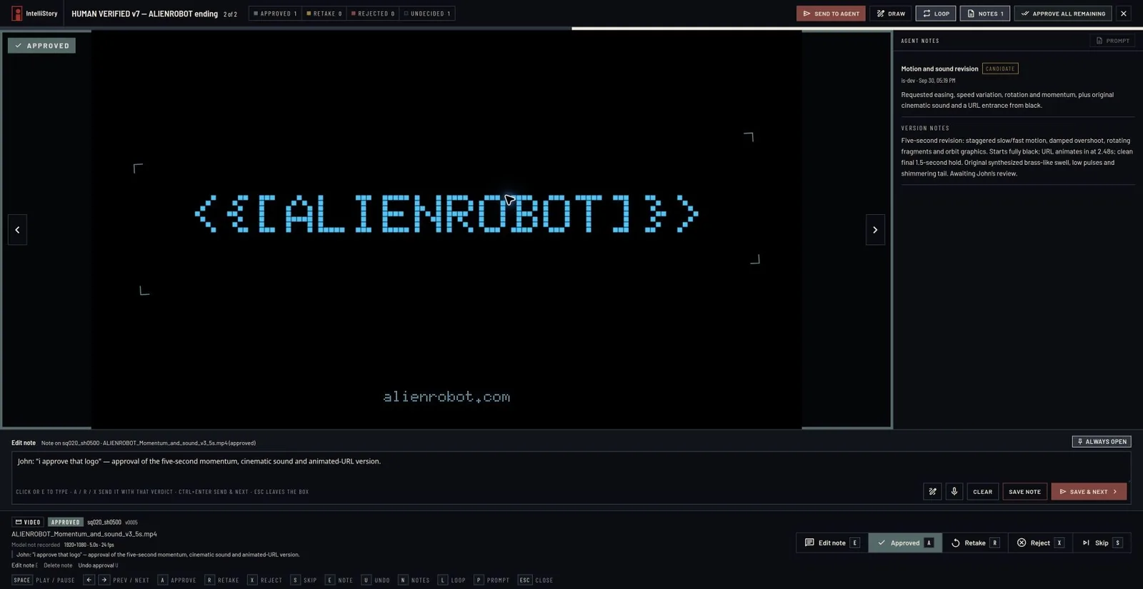 Review player showing an Alienrobot logo revision with agent notes and John's approval note