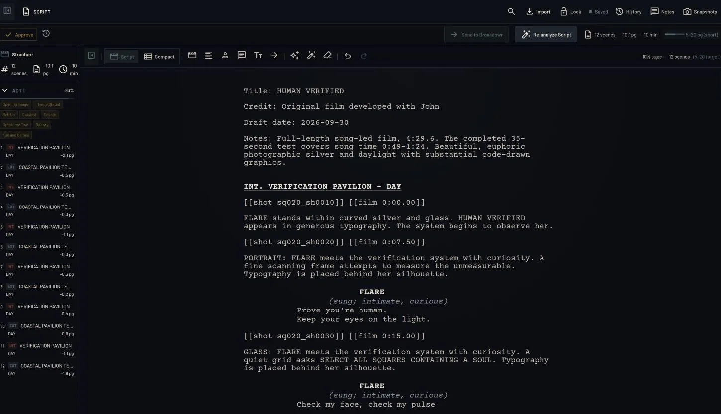 HUMAN VERIFIED script in Intellistory showing the opening pavilion scene with shot IDs, timecodes and sung dialogue