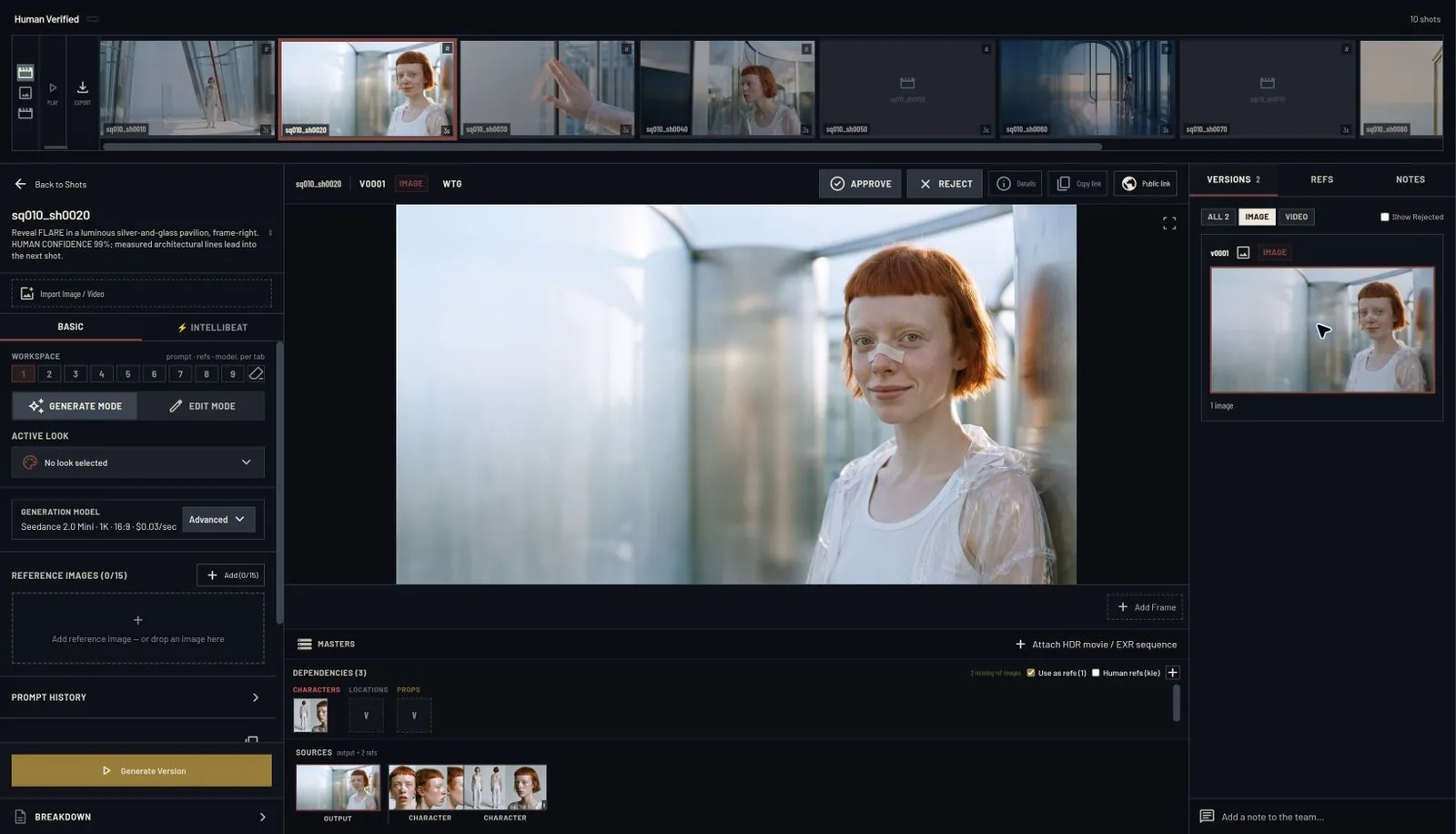 A HUMAN VERIFIED source shot in Intellistory with character references, dependencies and image and video versions