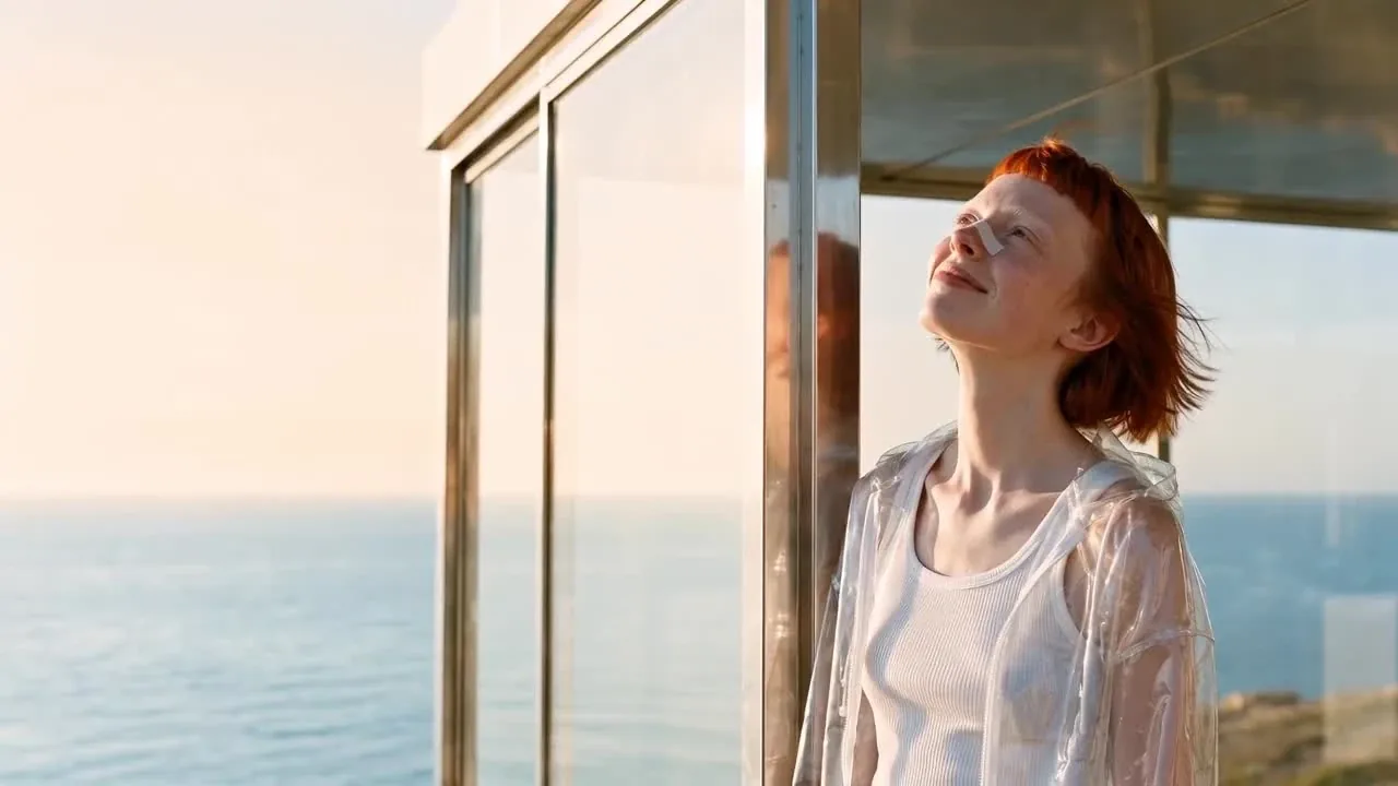 FLARE turning toward warm light beside a glass wall overlooking the sea